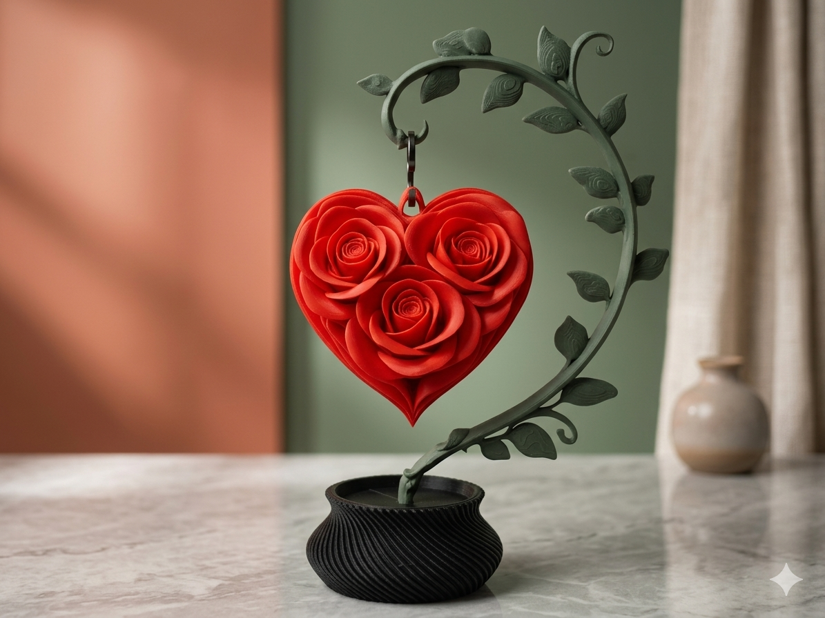 Presente Inesquecivel: Rosa Coracao com Suporte Decorativo